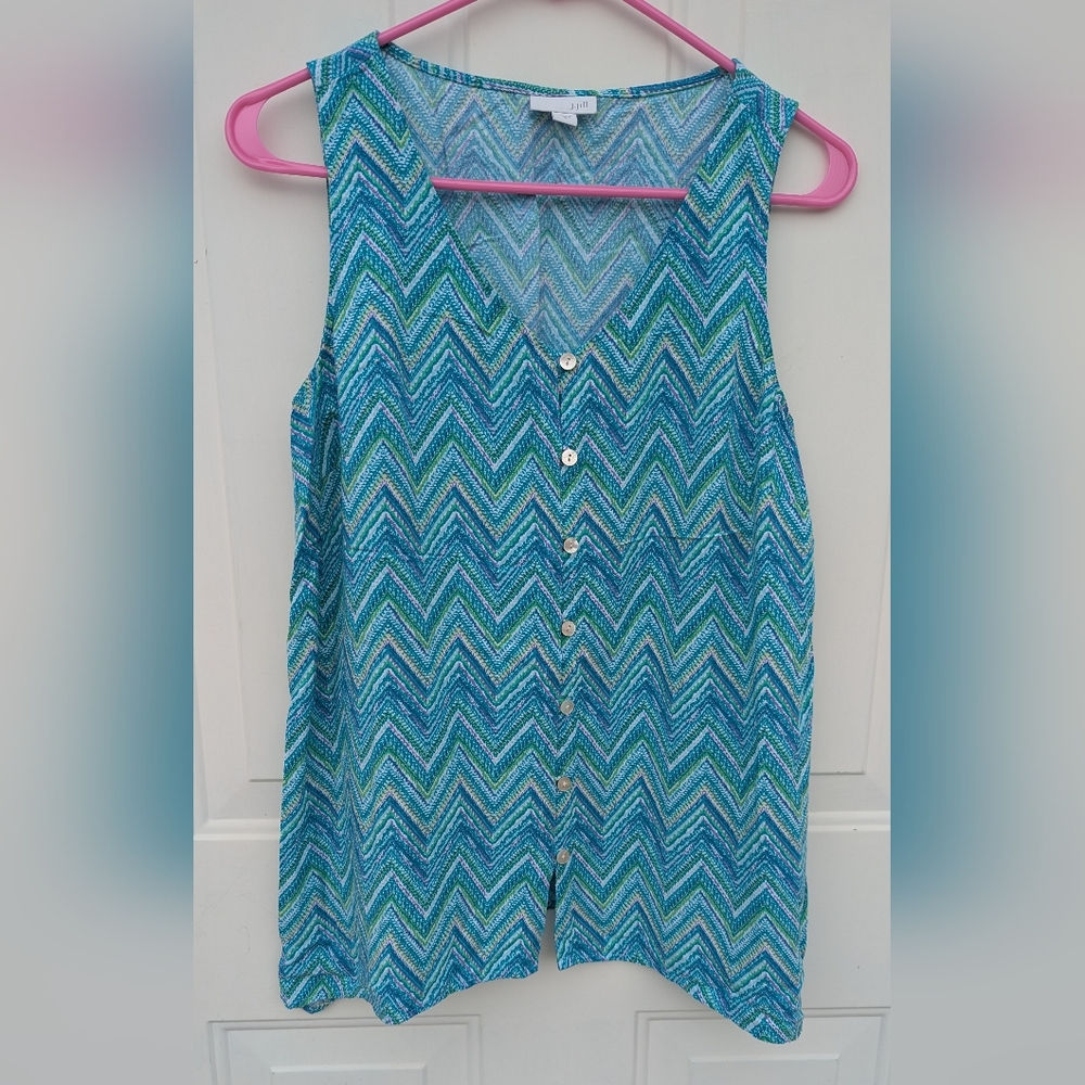 J. Jill Blue and Green Chevron Tank Top Blouse Colorful Size Small V-Neck